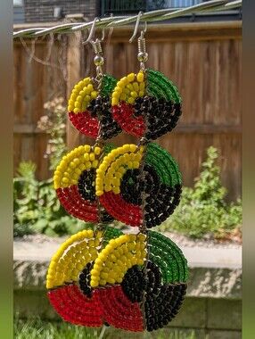 Handmade Beaded Dangle Earrings in Yellow, Red, Green & Black